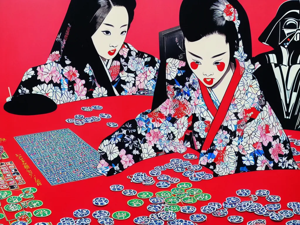 Image similar to hyperrealism composition of the detailed woman in a japanese kimono sitting at an extremely detailed poker table with darth vader, fireworks and folding screen on the background, pop - art style, jacky tsai style, andy warhol style, acrylic on canvas