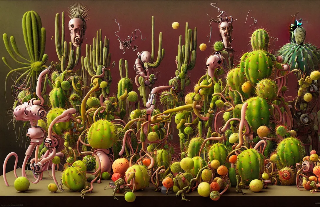 Image similar to a still life of robotic fruit and cactus in the style of wayne barlowe, gustav moreau, peter mohrbacher, bussiere, roberto ferri, santiago caruso, luis ricardo falero, austin osman spare, boris vallejo, hajime sorayama, dali