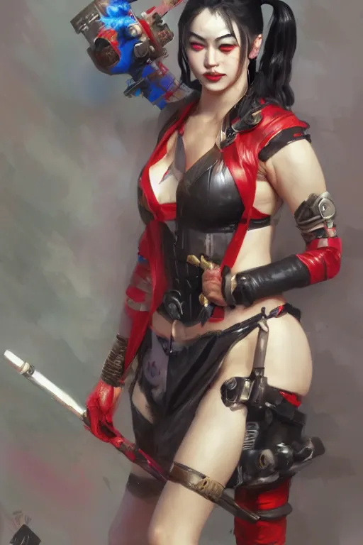 Image similar to portrait of asian Harley Quinn in bikini armor, dc comics, cyberpunk, Warhammer 40000, dark fantasy, digital art from artstation by Ruan Jia and Mandy Jurgens and Artgerm and william-adolphe bouguereau
