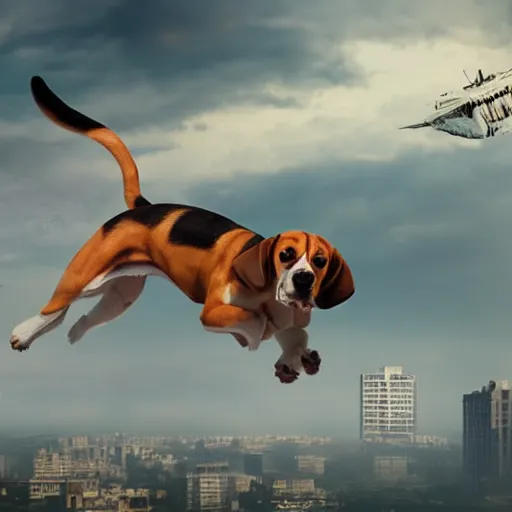 Image similar to gigantic 1 0 0 meters beagle dog attacking a city, epic cinematic, 4 k, very high detail