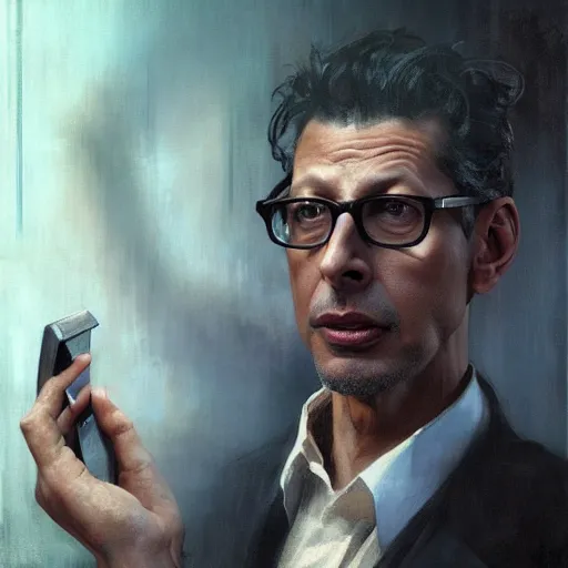 Image similar to hyperrealistic portrait of a man as jeff goldblum making a telephone noir call by jeremy mann and alphonse mucha, fantasy art, photo realistic, dynamic lighting, artstation, poster, volumetric lighting, very detailed faces, 4 k, award winning