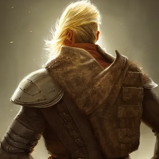 Prompt: rear side portrait of a muscular, ponytail haired blonde man with a armored left arm, wearing a thick brown leather coat, looking to his left, DnD, fantasy, dramatic lighting, digital art by Ruan Jia