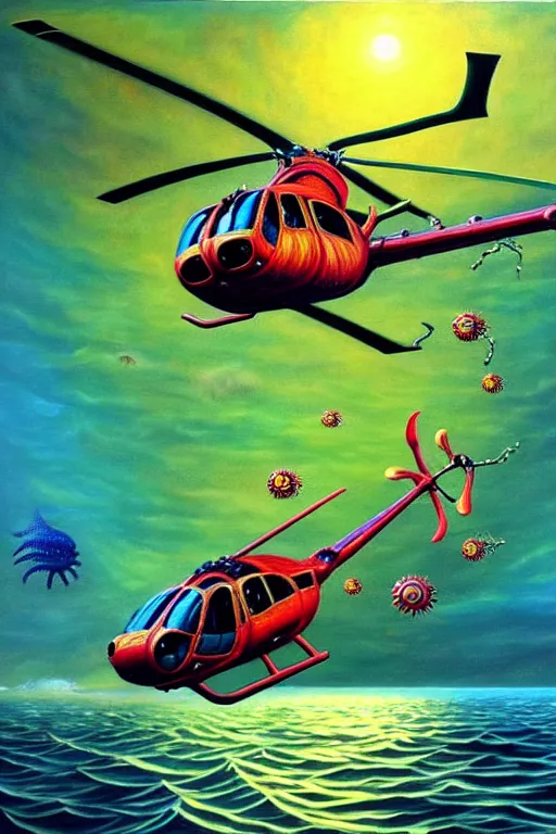 Prompt: a hyperrealistic painting of a helicopter being dragged into the water be sea creature, cinematic horror by chris cunningham, lisa frank, richard corben, highly detailed, vivid color,