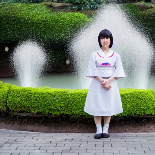 Image similar to a full body portrait of a young woman in Japanese maid uniform standing in front of a fountain in a park, 8k, cinematic, photo taken with Sony a7R camera, by William-Adolphe