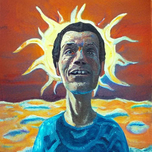 Image similar to a restrained person being forced to stare at the sun oil painting