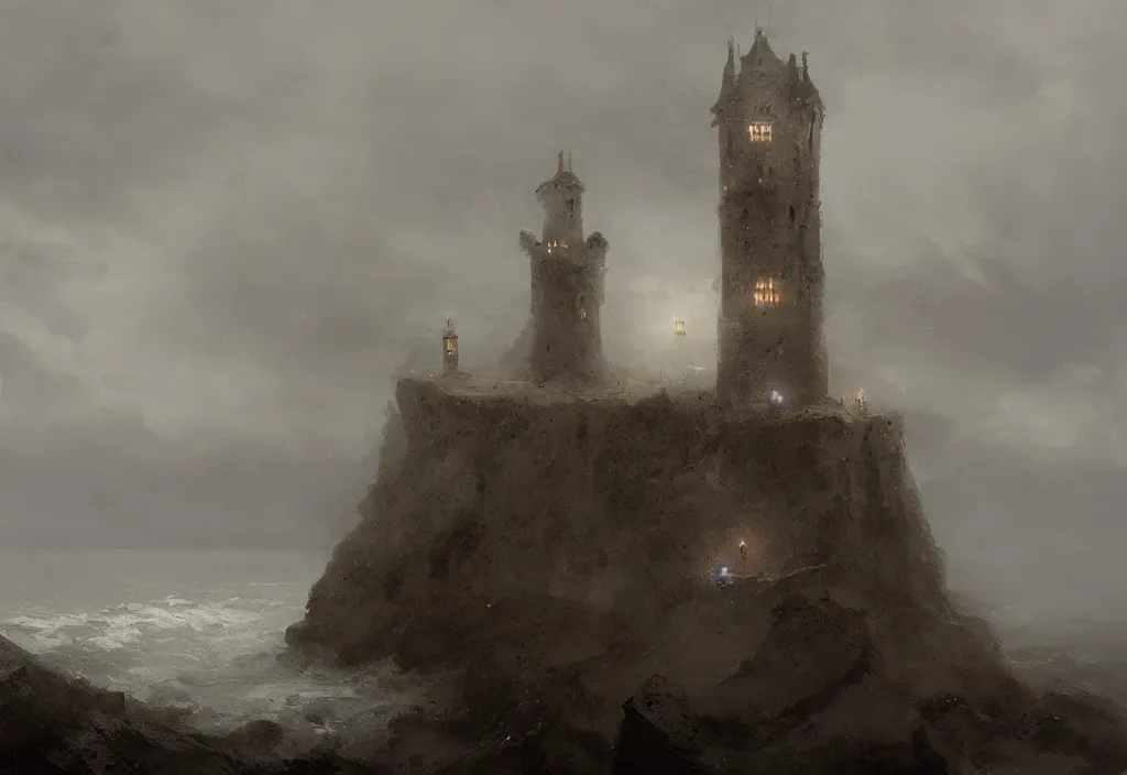 Image similar to a single tall medieval tower on top of a small ocean cliff, stormy, night, foggy, rain, gloomy, mysterious, artstation, jakub rozalski, high detail