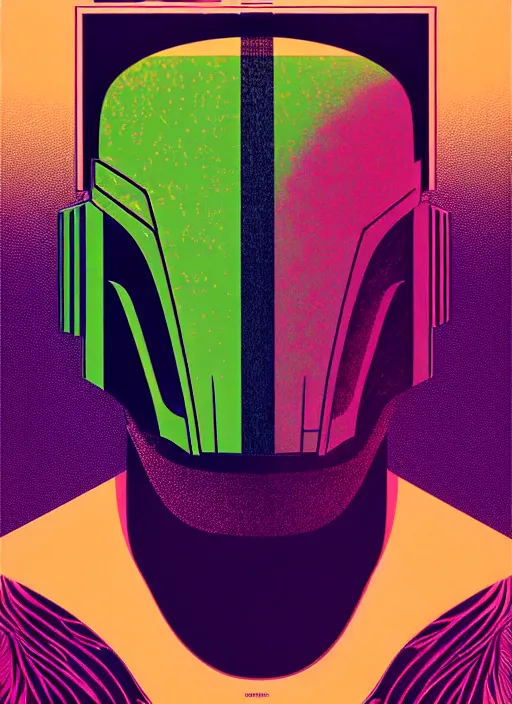 Prompt: ( ( dither ) ), super cannabis!!!!!! editorial illustration portrait of mandalorian, modern art deco, colorful, ( ( mads berg ) ), christopher balaskas, victo ngai, rich grainy texture, detailed, dynamic composition, wide angle, moebius, matte print, linocut wood block print