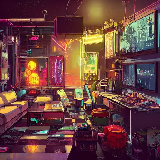 Prompt: the cyberpunk apartment, render, octane, 4k, highly detailed, vivid colors, high definition, by Victo Ngai