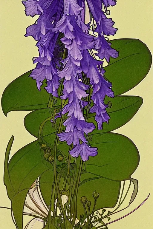 Prompt: a painting of Campanula medium, illustration, elegant, highly detailed, Artstation, by alphonse mucha