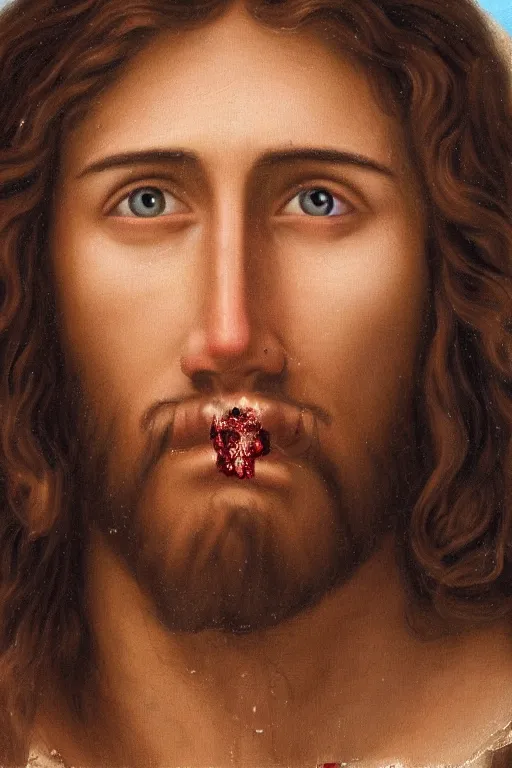 Image similar to Portrait of Jesus with traces of chocolate around his mouth, 8k, photorealism