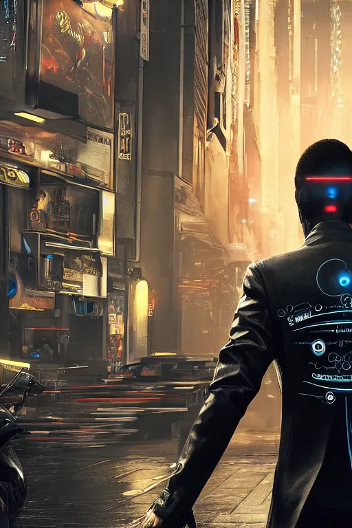 Image similar to in the foreground a Parisian street, in the background a dark-haired man from behind playing with swirls of black energy coming out of his hands wearing a long matrix-style jacket, realistic, high definition, many details, dramatic scene, detailed hands and realistic, symmetrical face, realistic eyes, cyberpunk art 2077