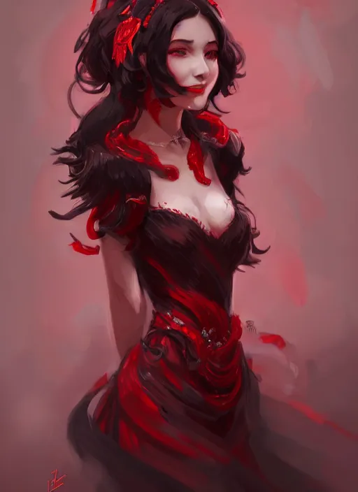 Prompt: a highly detailed illustration of hime cut black long haired woman wearing red dress, elegant smiling pose, perfect face, perfect body, intricate, elegant, highly detailed, centered, digital painting, artstation, concept art, smooth, sharp focus, league of legends concept art, wlop