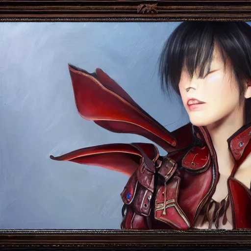 Image similar to perfect, realistic oil painting of close-up japanese young woman wearing leather jacket, in Diablo 3