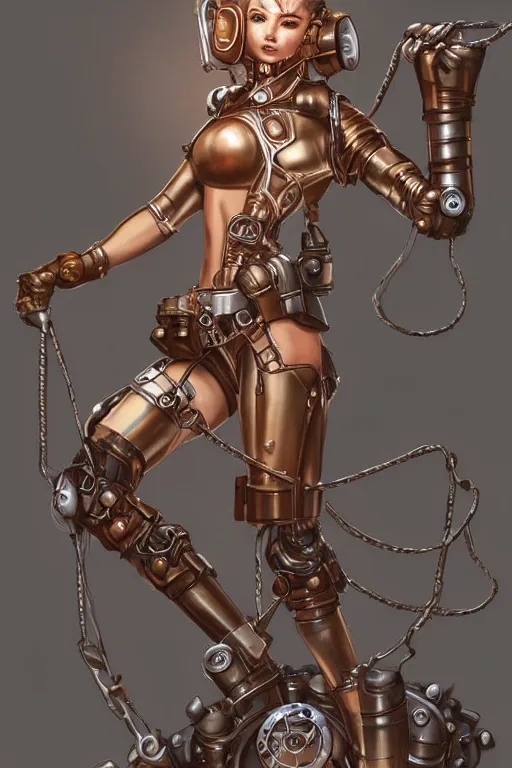 Prompt: retrofuturistic female android suspended by ropes, steampunk, gears, detailed mechanical parts, painting by artgerm julie bell Steve Henderson