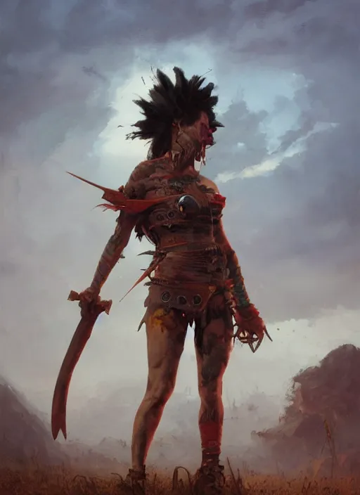 Image similar to hyper realistic painting of prehistoric punk warrior girl, full body, rule of thirds, conceptart, saturated colors, cinematic, greg rutkowski, brom, james gurney, mignola, craig mullins, alan lee