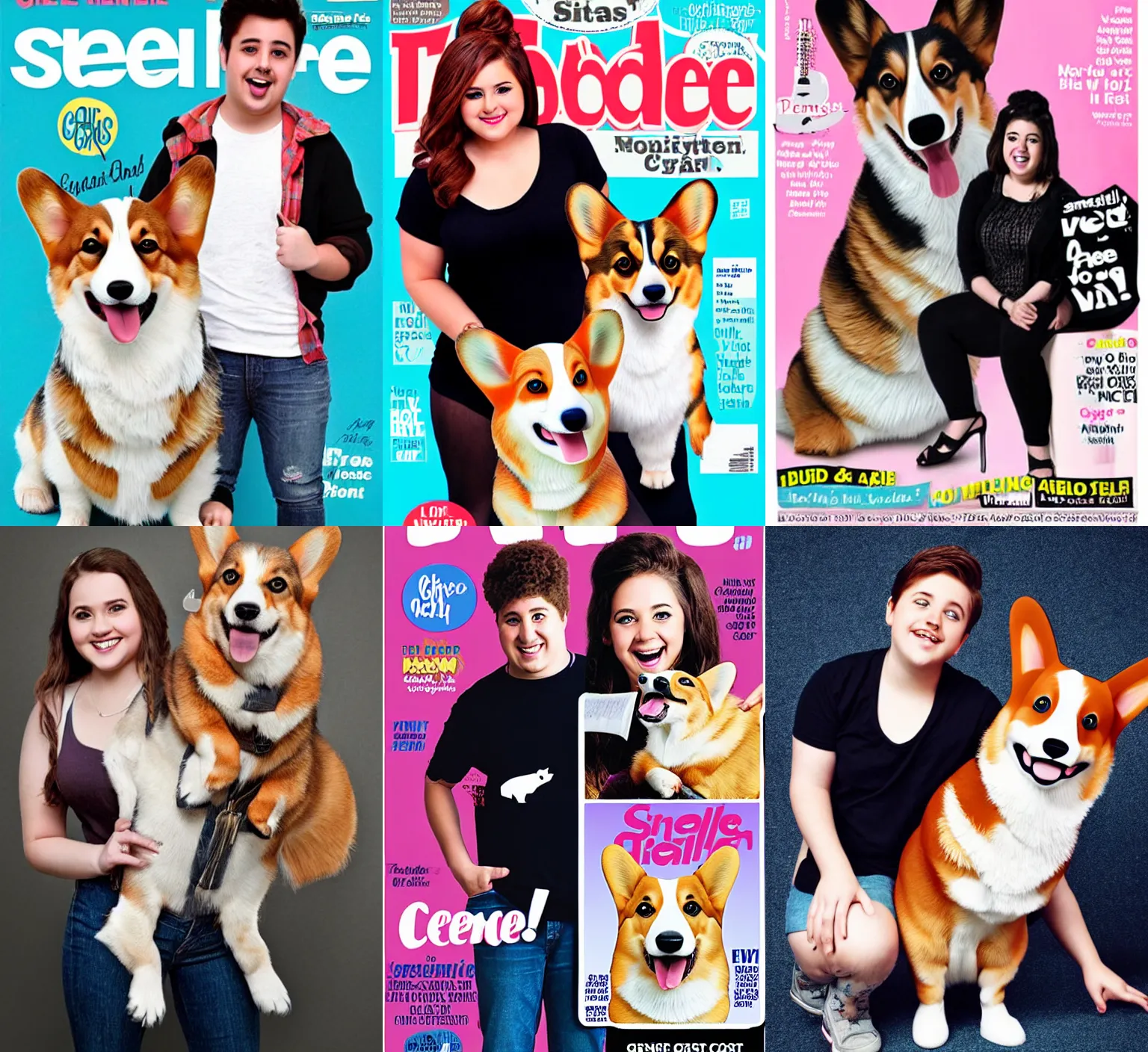 Prompt: generic small singer and giant corgi, teen magazine cover, face photo