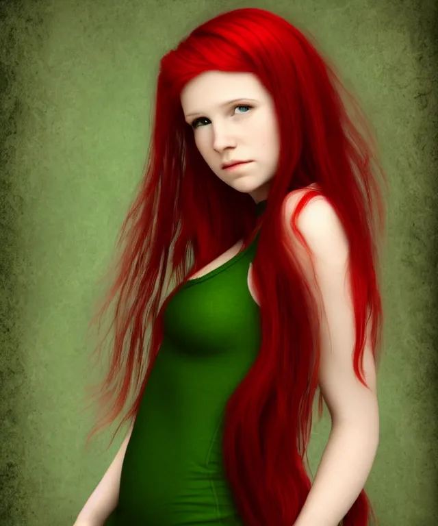 Image similar to Fae teenage girl, portrait, face, long red hair, green highlights, fantasy