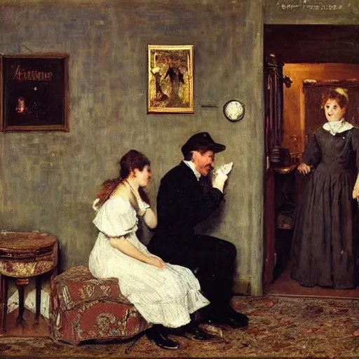 Image similar to a man and a woman solving an escape room puzzle alfred stevens