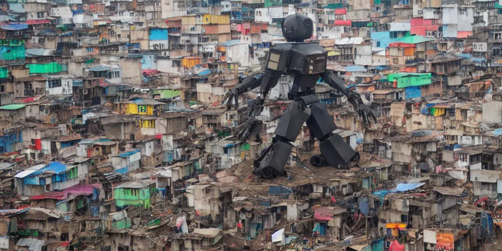 Image similar to giant mecha ROBOT of AJEGUNLE SLUMS of Lagos, writing on robot,