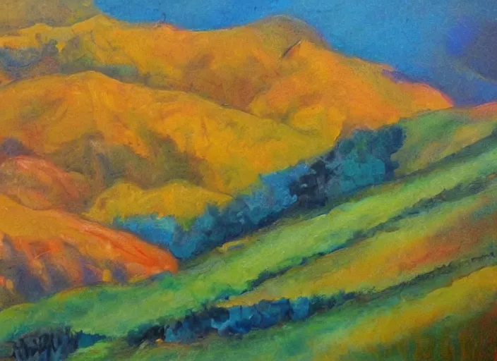 Image similar to figurative painting, landscape, hills as gorges