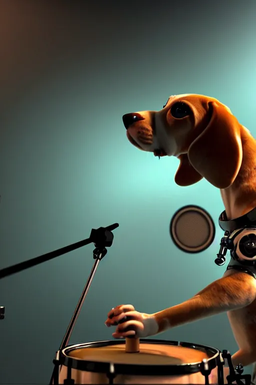 Image similar to high quality 3 d render very cute cyborg beagle plays drums!, cyberpunk highly detailed, unreal engine cinematic smooth, in the style of blade runner & pixar, hannah yata charlie immer, moody light, low angle, uhd 8 k, sharp focus