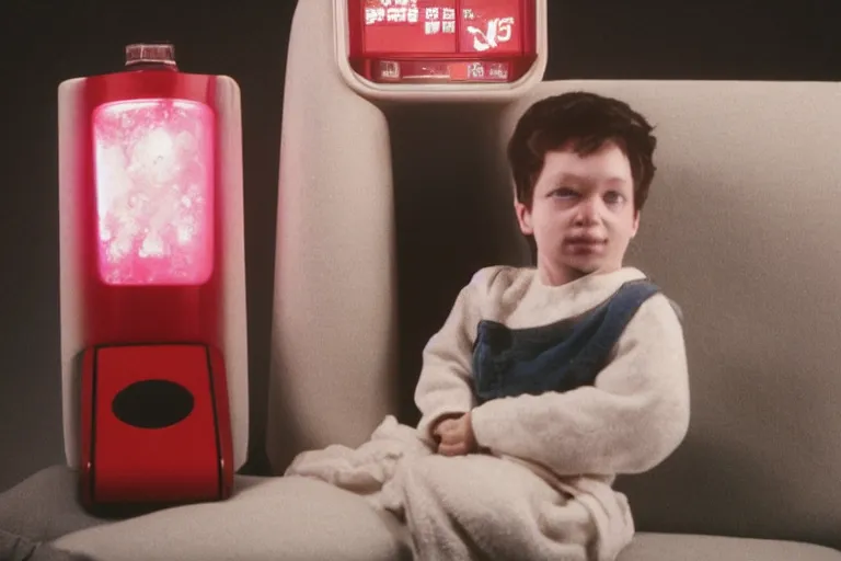 Image similar to an extremely realistic life-sized slushie machine porcelain model sitting on a gray couch from 1985, bathed in the glow of a television, low-light photograph