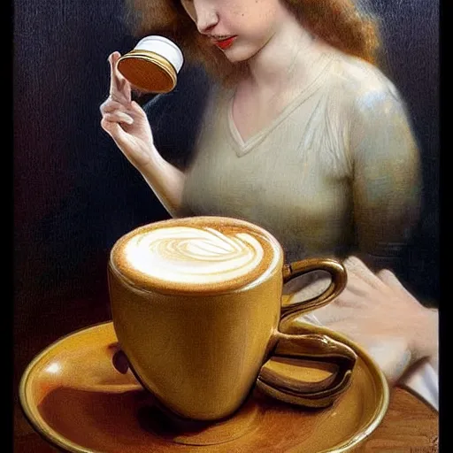 Image similar to A performance art. A rip in spacetime. Did this device in her hand open a portal to another dimension or reality?! latte art by Paul Gustav Fischer frightful