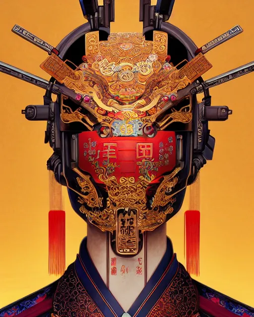 Image similar to portrait of a chinese cyberpunk machine, machine face, upper half portrait, decorated with chinese opera motifs, regal, asian, fine china, wuxia, traditional chinese art intricate intense elegant 京 剧 highly detailed digital painting artstation concept art smooth sharp focus illustration, art by artgerm and greg rutkowski alphonse mucha 8 k