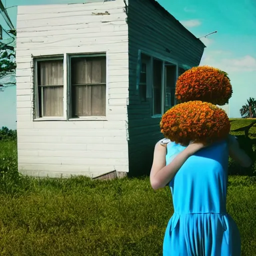 Image similar to giant flower head, full body, girl standing by 1 9 6 0 house, surreal photography, symmetry, mid century, flat light, bright colours, blue sky, realistic, wes anderson