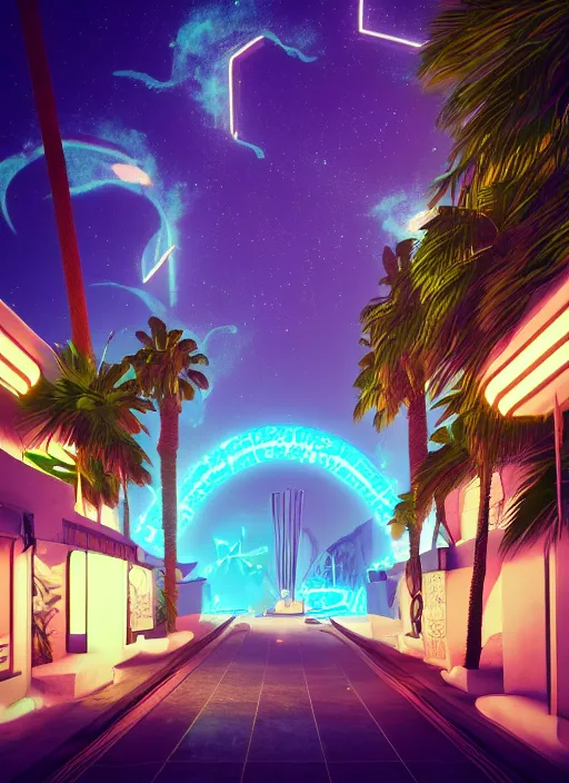 Image similar to night time neon, Art Deco, in SANTORINI island, palm trees, crystal clear neon water, starry night, Trending artstation, octane render, cgsociety, surrealist, cinematic, shadow of the tomb rider