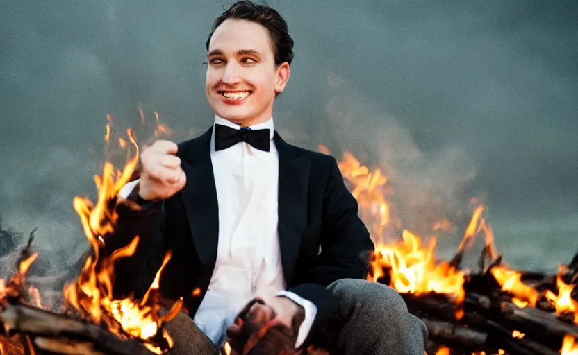 Prompt: a man wearing a tuxedo sitting in the middle of a bonfire, green eyes