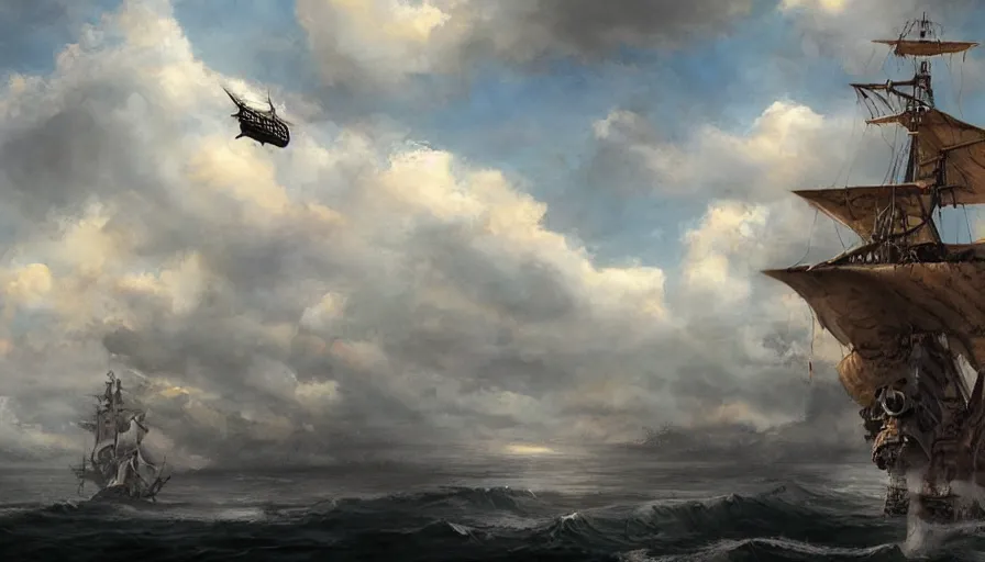 Prompt: a large pirate airship flying among the clouds, soaring through the sky, realist painting, pirate, beautiful, highly detailed, trending on art station