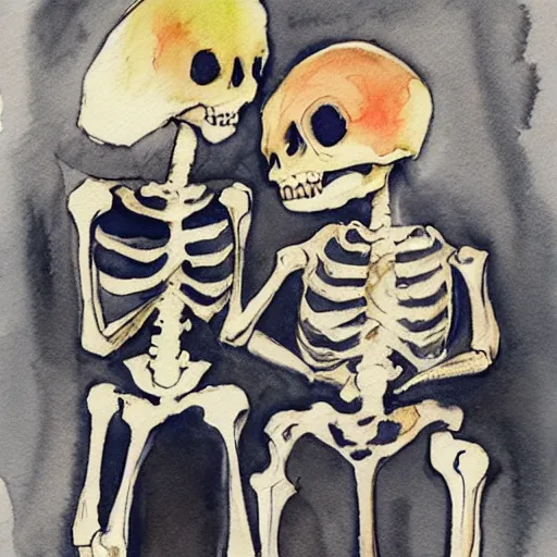 Prompt: skeleton couple staring at each other, watercolor painting, - n 4