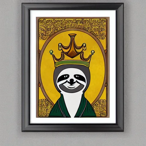 Prompt: sloth as the king of cups, coper crown, poster framed, intricate details, medieval art style, high contrast, posterized