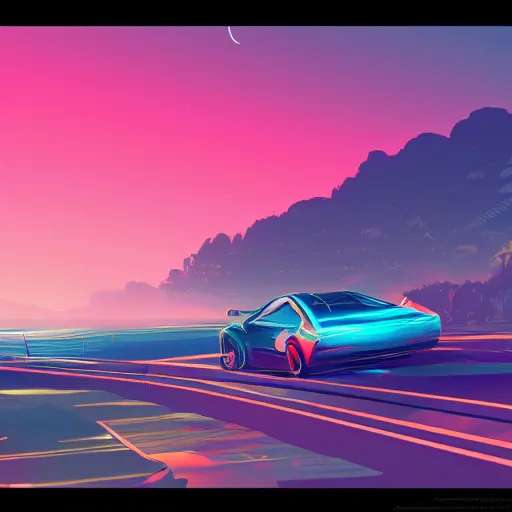 Image similar to a car driving along the pacific coast highway, midnight, synthwave, concept art, digital art, 8 k wallpaper, trending on artstation