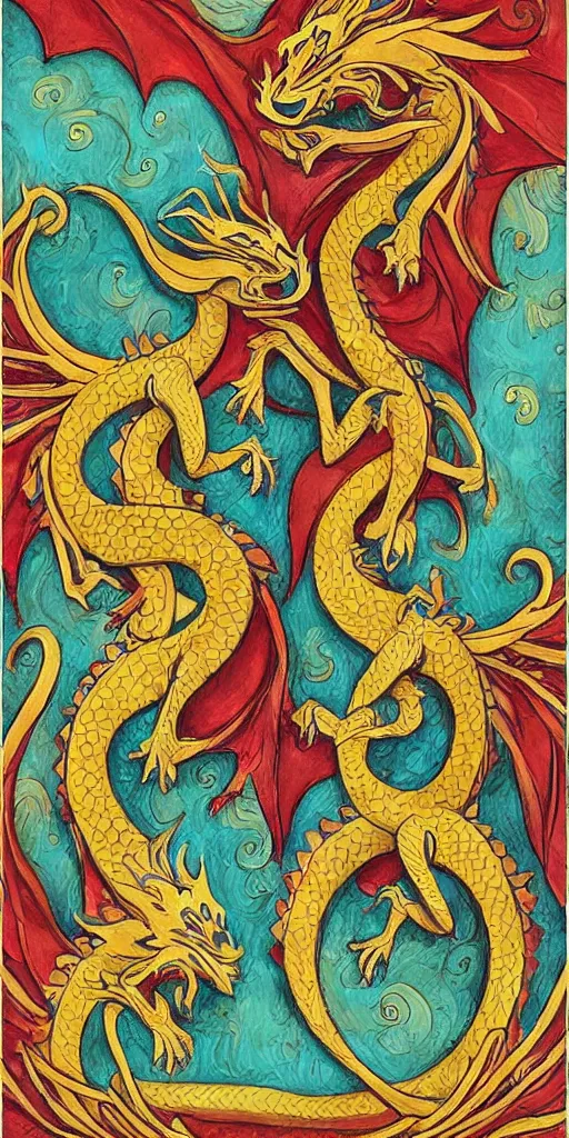 Prompt: greeting card, love, 2 beautiful royal dragons, by wylie beckert, warm colors, cozy