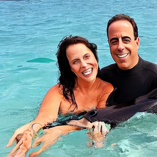 Image similar to jerry seinfeld swimming with a dolphin