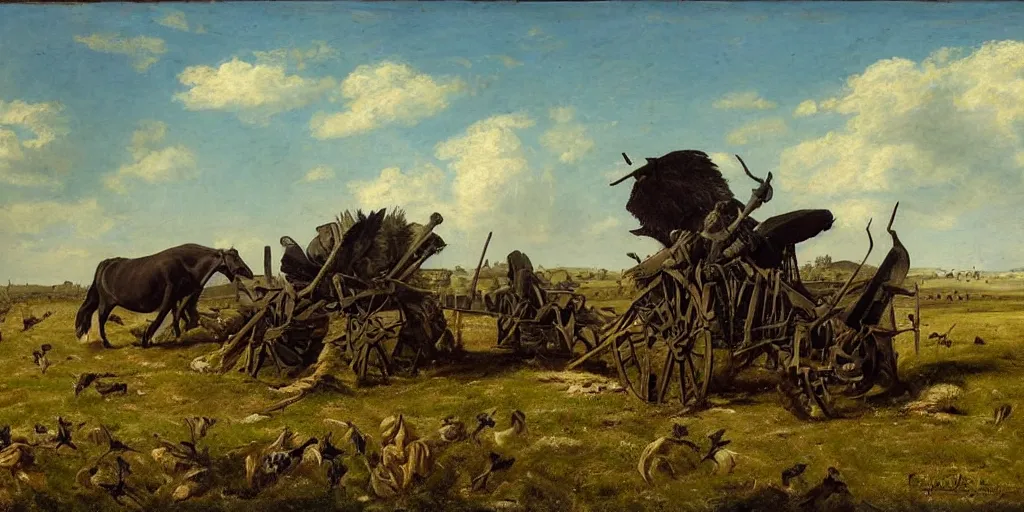 Prompt: portrait, war, knight, Mills, huts, rivers, horses, cows, gooses, plows, crows, feathers, horns, carriage, famine, death, war, wide angle, puffy clouds, skies behind, stars in sky, italian masterpiece, Ashford Black Marble, sculpture, baroque, draped with vines and spines, drapes, still life vegetables, Obsidian, render, artstation, ultra detailed