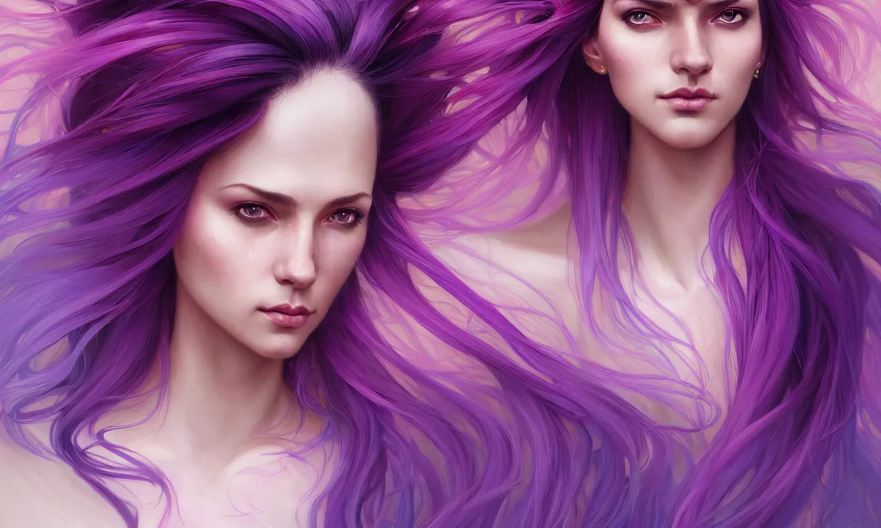 Image similar to Portrait of a woman with bright colored flying hair, all shades of purple. Hair coloring, amber eyes, face, long hair, fantasy, intricate, elegant, highly detailed, digital painting, artstation, concept art, smooth, sharp focus, illustration, art by artgerm and greg rutkowski and alphonse mucha