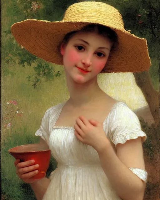 Image similar to young blond girl with straw hat, bouguereau