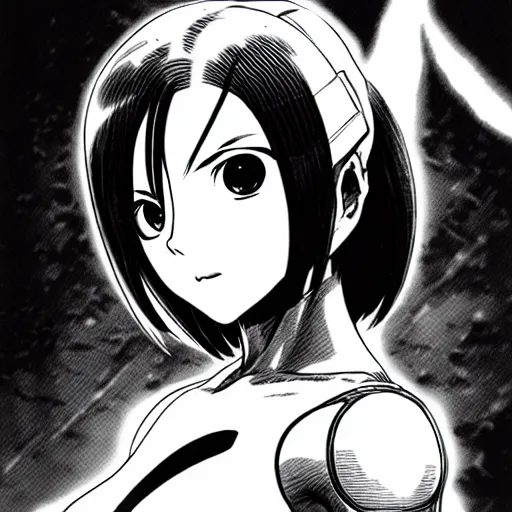 Image similar to alita by yukito kishiro. medium shot. black and white manga. pencil drawing.