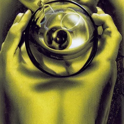 Image similar to A sculpture. A rip in spacetime. Did this device in his hand open a portal to another dimension or reality?! chartreuse by Hans Baldung, by John Berkey serene