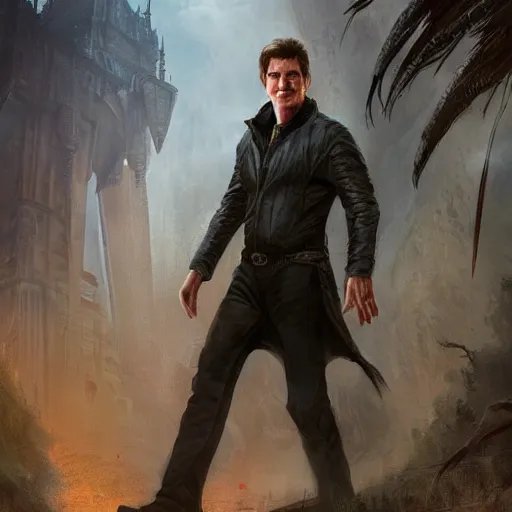 Prompt: Tom Cruise Walking, perfect fces, fantasy art landscape, fantasy city, fantasy kunst, fantasy castle, fantasy house, architecture mystery, artstation, house illustration