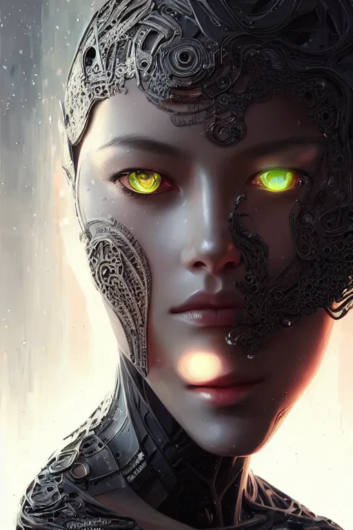 Image similar to beautiful female android in distress!, black shiny eyes, half portrait, background explosion, intricate detailed environment, floro details, intricate, elegant, highly detailed, digital painting, artstation, concept art, smooth, sharp focus, illustration, art by artgerm and greg rutkowski and brian sum,