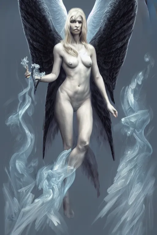 Image similar to Full body potrait of Vesa Matti Loiri as and angel , angel is split in two with smoke, fantasy, intricate, elegant, highly detailed, digital painting, artstation, concept art, smooth, sharp focus, illustration, art by Ilja Repin