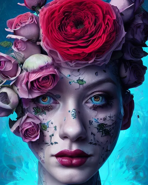 Image similar to perfectly - centered!! looking camera!! symmetrical!! portrait of christina hendricks with roses, baroque, roses, intricate abstract upper body intricate artwork, by tooth wu, wlop, beeple, dan mumford. concept art, octane render, deviantart, greg rutkowski, cinematic arthouse, key art, hyper realism, iridescent accents