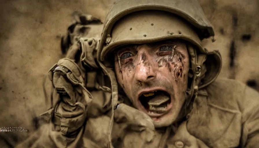 Image similar to World War 1 soldier screaming in horror, close-up of face, wartorn landscape, bullets whizzing past camera, dirty lens, shallow depth of field, cinematic lighting, IMAX, cinematography, 35mm