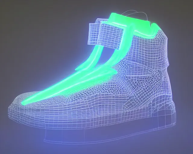 Prompt: A 3D model of of futuristic nike sneakers with neon lights from below, highly detailed, award winning, unreal engine 5