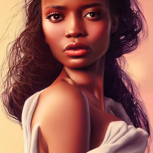 Prompt: a gorgeous female photo, professionally retouched, soft lighting, wearing sundress, illuminated by moonlight, realistic, smooth face, ebony goddess, luscious lips, perfect eyes, wide angle, sharp focus on eyes, 8 k high definition, insanely detailed, intricate, elegant, art by artgerm and wlop