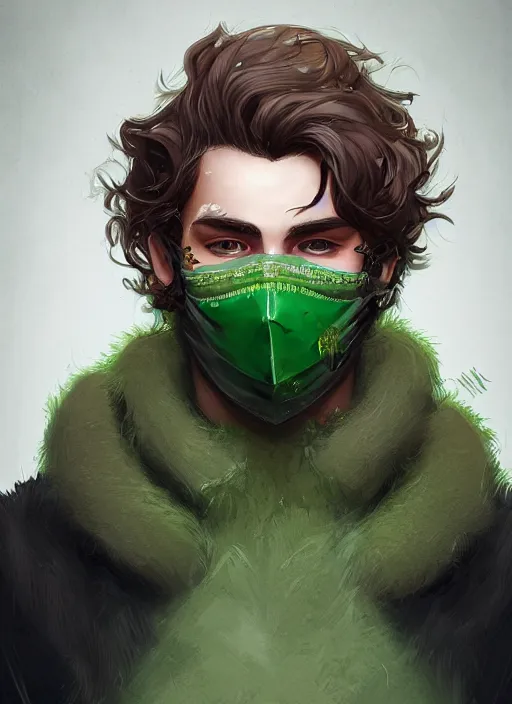 Image similar to a highly detailed illustration of young thick wavy messy haired guy wearing green face mask and brown noir coat intricate, elegant, highly detailed, centered, digital painting, artstation, concept art, smooth, sharp focus, league of legends concept art, wlop